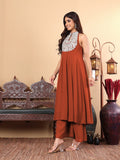 Varanga Women Nude Yoke Embroidered Sleeveless Flared Kurta With Trousers.