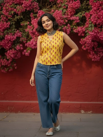 Bright Yellow Small Printed Cotton Top