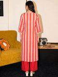 Cotton Striped Printed A-Line Kurta With Solid Trouser