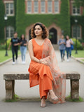 Sleeveless Orange Kurta with Floral Dupatta and  Pants
