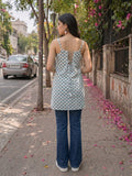 Women's Cotton Block Print Sleeveless Short Top With Lace-Up Back