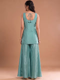 Sea Blue Embroidered Kurta Set Featuring Zari And Sequin Work With A Matching Flared Palazzo And Embellished Dupatta