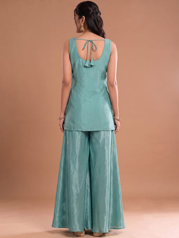 Sea Blue Embroidered Kurta Set Featuring Zari And Sequin Work With A Matching Flared Palazzo And Embellished Dupatta