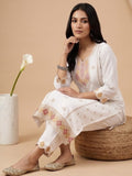 Varanga Women Elegant White 3-Piece Suit Set With Woven Kurta, Straight Pants, And A Rich Brocade Dupatta.