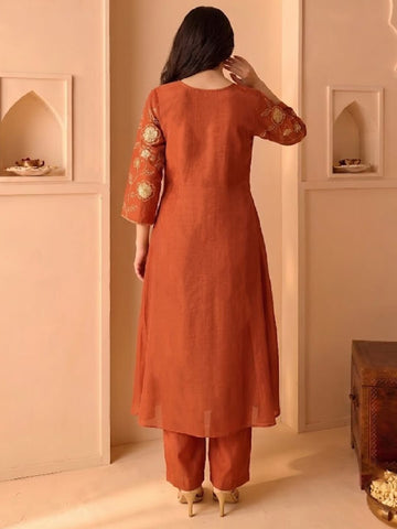 Rust Embroidered Shimmer Kurta Set With Embroidered Dupatta