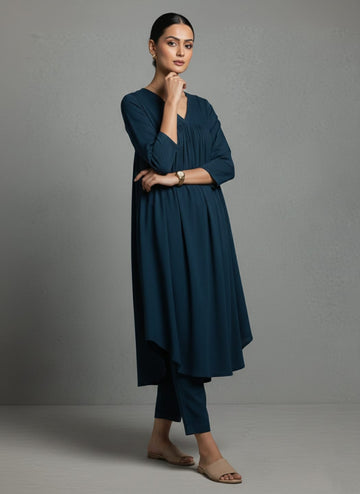 Varanga Women Teal Empire Gathered Details A-Line Kurta Paired With Tonal Bottom