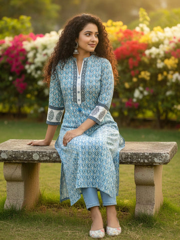 Varanga Blue Breeze Block-Print pure cotton Kurta