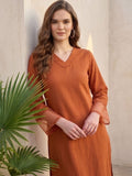 Varanga Women Rust Straight Kurta Paired With Tonal Trouser