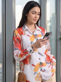 White Coloured Slim Collar Long Sleeves Floral Shirt