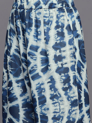 KSUT Women Blue Shibori Printed V-Neck A-Line Kurta Paired With Tonal Printed Bottom