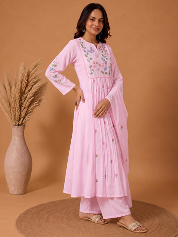 Varanga Women Floral Embroidered Empire Thread Work Pure Cotton Kurta with Trousers & With Dupatta