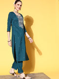 varanga women teal ethnic motifs embroidered sequinned kurta with trousers with dupatta