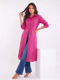 Pink Shirt-Style Kurta Elevated With Chic Contrast Stitch Detailing.