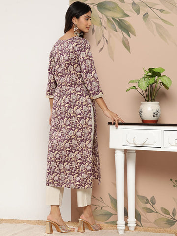 Varanga Women Purple & Gold-Toned Floral Printed Floral Kurta