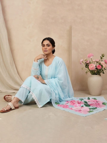 Varanga Women Sky Blue Straight-Fit Kurta With Printed Dupatta