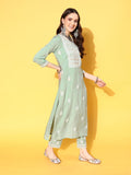 Varanga Women Sea Green Embroidered Kurta Paired With Tonal Trouser And Dupatta