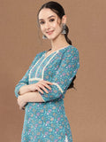Blue Floral Printed Lace Embellished Kurta With 3/4Th Sleeves