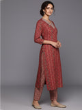 Varanga Women Red Printed  V-Neck Embroidered Kurta With Bottom And Dupatta