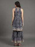 Blue And White Leheriya Halter Neckline Gota Work Kurta With Sharara And Sequins Emebllished Dupatta