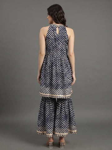 Blue And White Leheriya Halter Neckline Gota Work Kurta With Sharara And Sequins Emebllished Dupatta