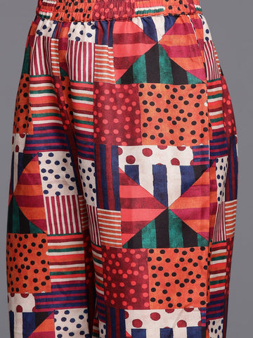 Varanga Women Multi Colour Abstract Printed Straight Kurta With Tonal Bottom