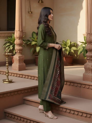 Varanga Women Olive Green Round Neck Placement Embroidered Kurta Paired With Tonal Bottom & Printed Dupatta
