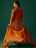 Rust Straight-Fit Calf-Length Kurta With Stone-Embellished Print Paired With Solid Ankle-Length Trousers And A Printed Dupatta