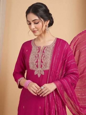 Kurta Adorned With Thread Embroidery, Teamed With Trousers And Paired With Dupatta With And Lace Detailing