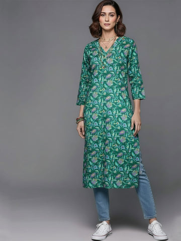 Varanga Women Turquoise Blue Floral Printed V-Neck Straight Kurta