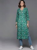 Varanga Women Turquoise Blue Floral Printed V-Neck Straight Kurta
