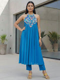 Varanga Women Halter Neck  Zari And Sequence Embroidered Sleeveless Flared Kurta Paired With Tonal Bottom