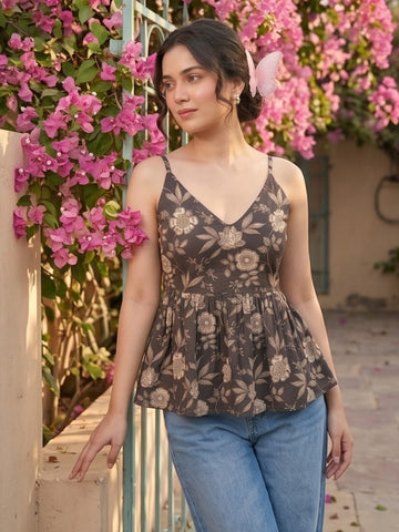 Varanga Women's Black & White Floral Printed Peplum Top