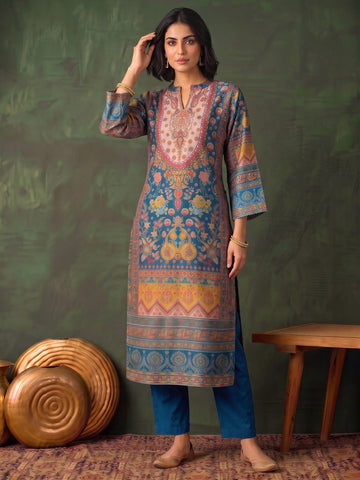 Women'S Blue Floral Printed Straight Kurta Set With Tonal Dupatta