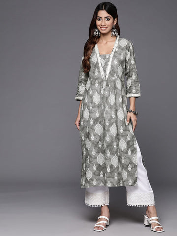 Varanga Women Grey Printed V-Neck Lace Embellished Straight Kurta