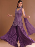 Purple Embroidered Kurta Set Featuring Zari And Sequin Work With A Matching Flared Palazzo And Embellished Dupatta