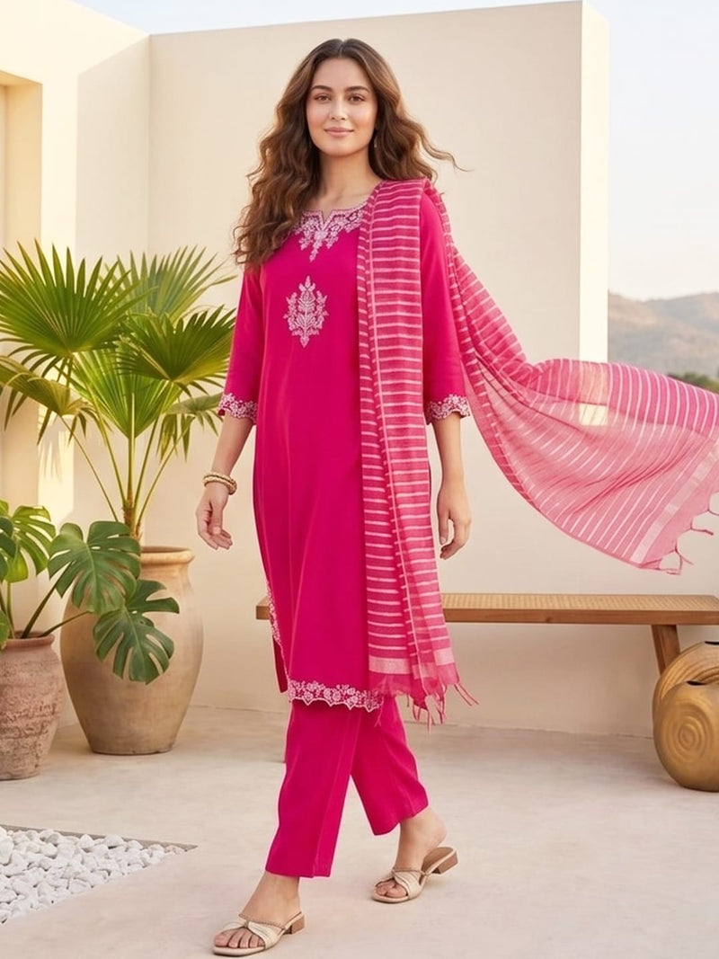 Varanga Women Kurta Adorned With Thread Embroidery With Trousers And Dupatta Featuring Lurex
