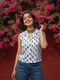 Indigo Block-Print Sleeveless Collared Crop Shirt