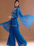 Varanga Blue Embroidered Palazzos With Dupatta | Poly Georgette | Festive