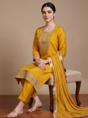 zari embroidered yoke Kurta With trouser and Dupatta