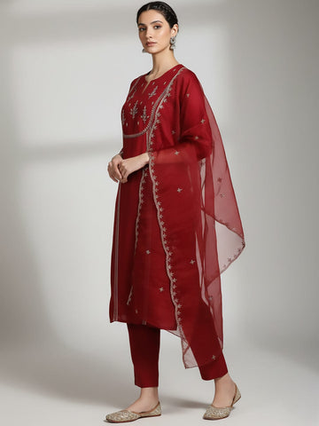Varanga Women Thread & Sequin Embroidered Yoke Kurta With Trouser & Dupatta