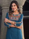 Women's Blue Yoke Embroidered Straight Kurta