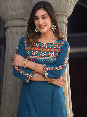 Women's Blue Yoke Embroidered Straight Kurta