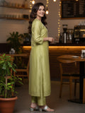 Varanga Women Green Floral Embroidered Regular Chanderi Silk Kurta with Trousers & With Dupatta