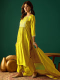Bandhani-Printed Anarkali With Zari-Embroidered Yoke, Paired With Solid Trousers And Dupatta