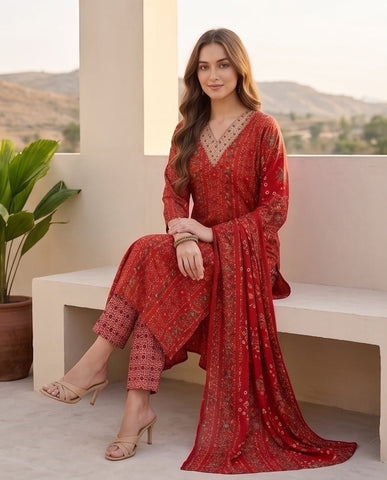 Varanga Women Red Printed V-Neck Embroidered Kurta With Bottom And Dupatta