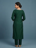Elegant In Deep Green, This Straight-Fit Kurta With Intricate Zari-Embroidered Yoke Is Paired With Ankle-Length Solid Trousers And A Matching Zari-Accented Dupatta