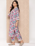 KSUT Women Blue Floral Printed V-Neck Straight Kurta Paired With Printed Bottom