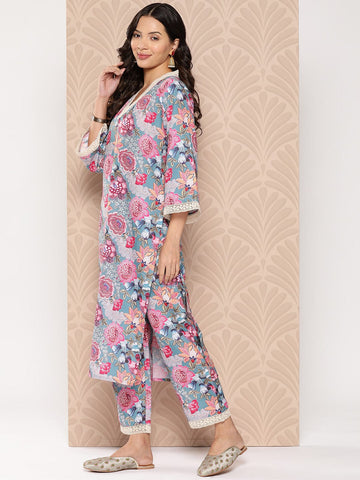 KSUT Women Blue Floral Printed V-Neck Straight Kurta Paired With Printed Bottom