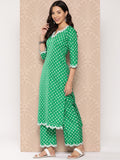 Varanga Women Green Bandhani Printed Neck Embroidered Straight Kurta With Bottom And Dupatta