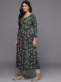 Varanga Navy Green And Gold Toned Abstract Printed Round Neck Kurta